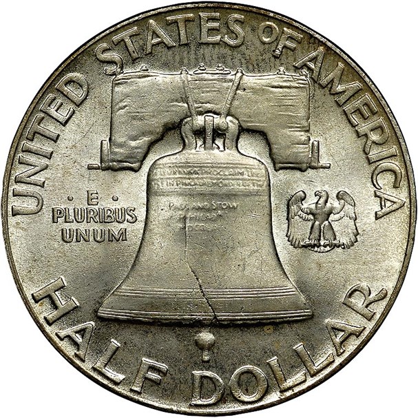 1952 Franklin half dollar Full Bell Lines comparison: non-FBL reverse with incomplete bell lines versus FBL reverse with all seven lines fully visible
