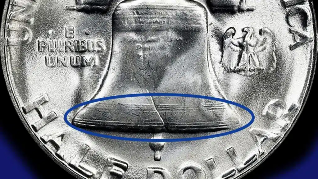 1952 Franklin half dollar Full Bell Lines detail showing all seven horizontal incuse lines at the base of the Liberty Bell