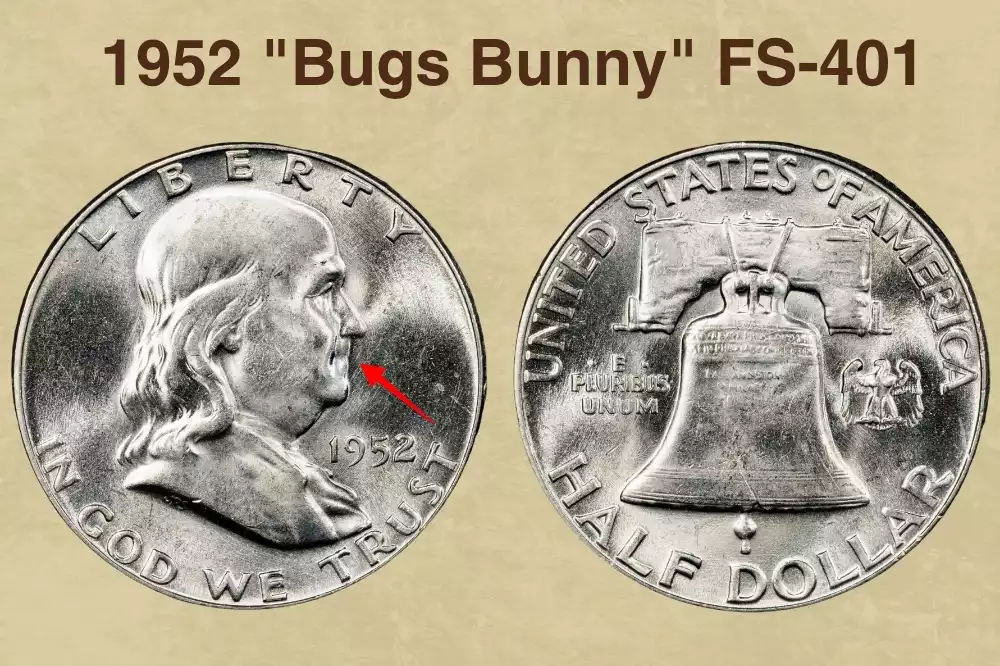 1952 Franklin half dollar Bugs Bunny die clash error (FS-401) showing feather transfer marks at Franklin's mouth resembling buck teeth