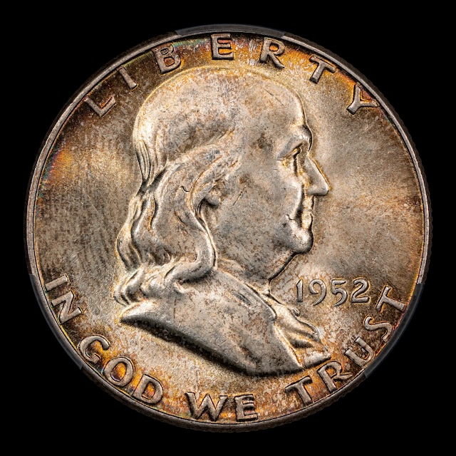 1952-D Franklin half dollar Booger die clash error (FS-401) showing eagle feather transfer marks at Franklin's nostril area