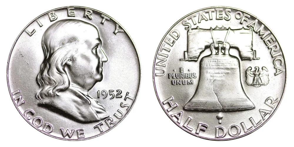 1952 Franklin half dollar mintage data illustration showing Philadelphia, Denver, and San Francisco mint examples